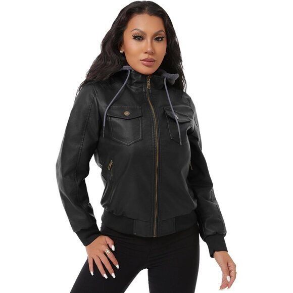 Women Black Faux Leather Waterproof Motorcycle Bomber Biker Jacket - Picture 4 of 8